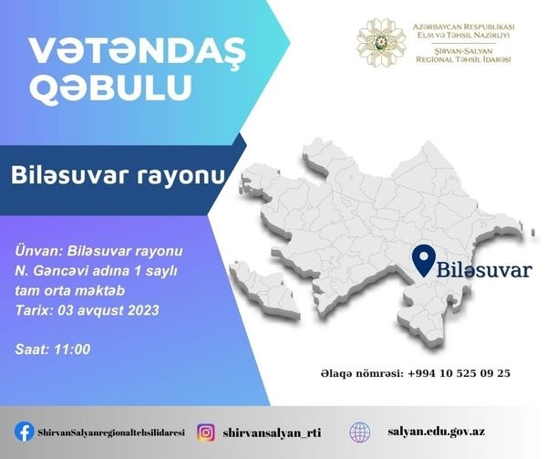Şirvan-Salyan Regional Təhsil İdarəsi Biləsuvarda vətəndaş qəbulu keçirəcək